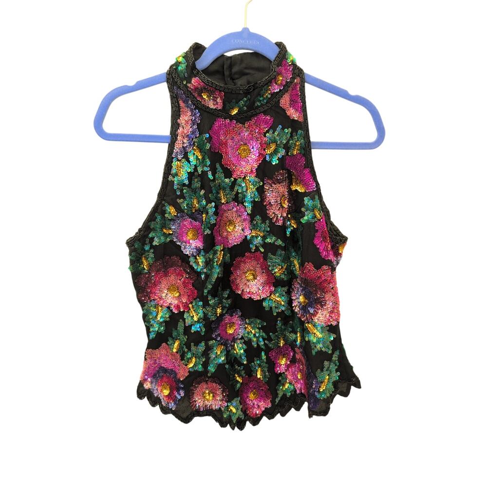 Vintage Laurence Kazar Black Silk Halther Floral Sequin size Large 90's